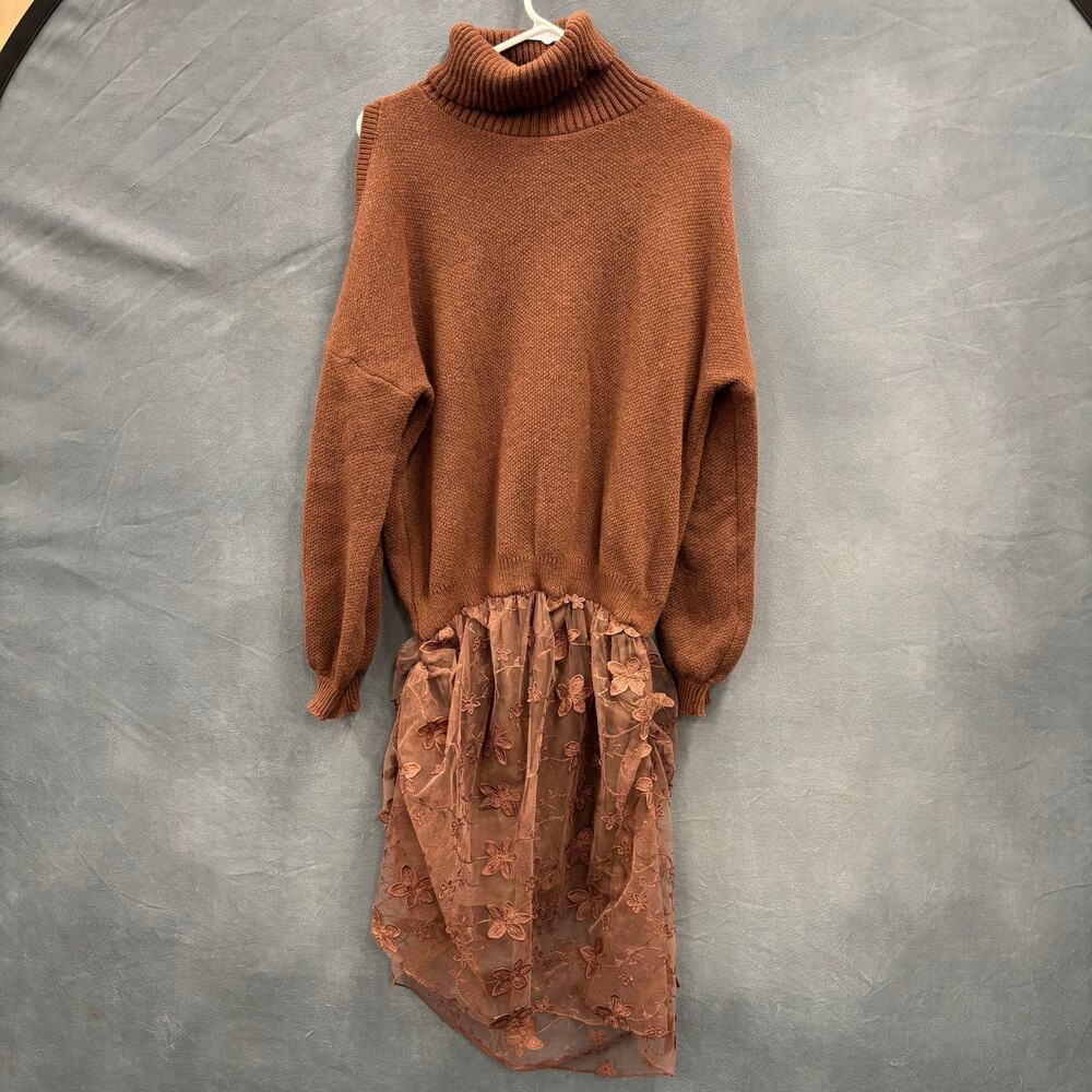 Yohers Brown Cold Shoulder Sweater Dress Floral Tulle Large Roll Neck Turtleneck